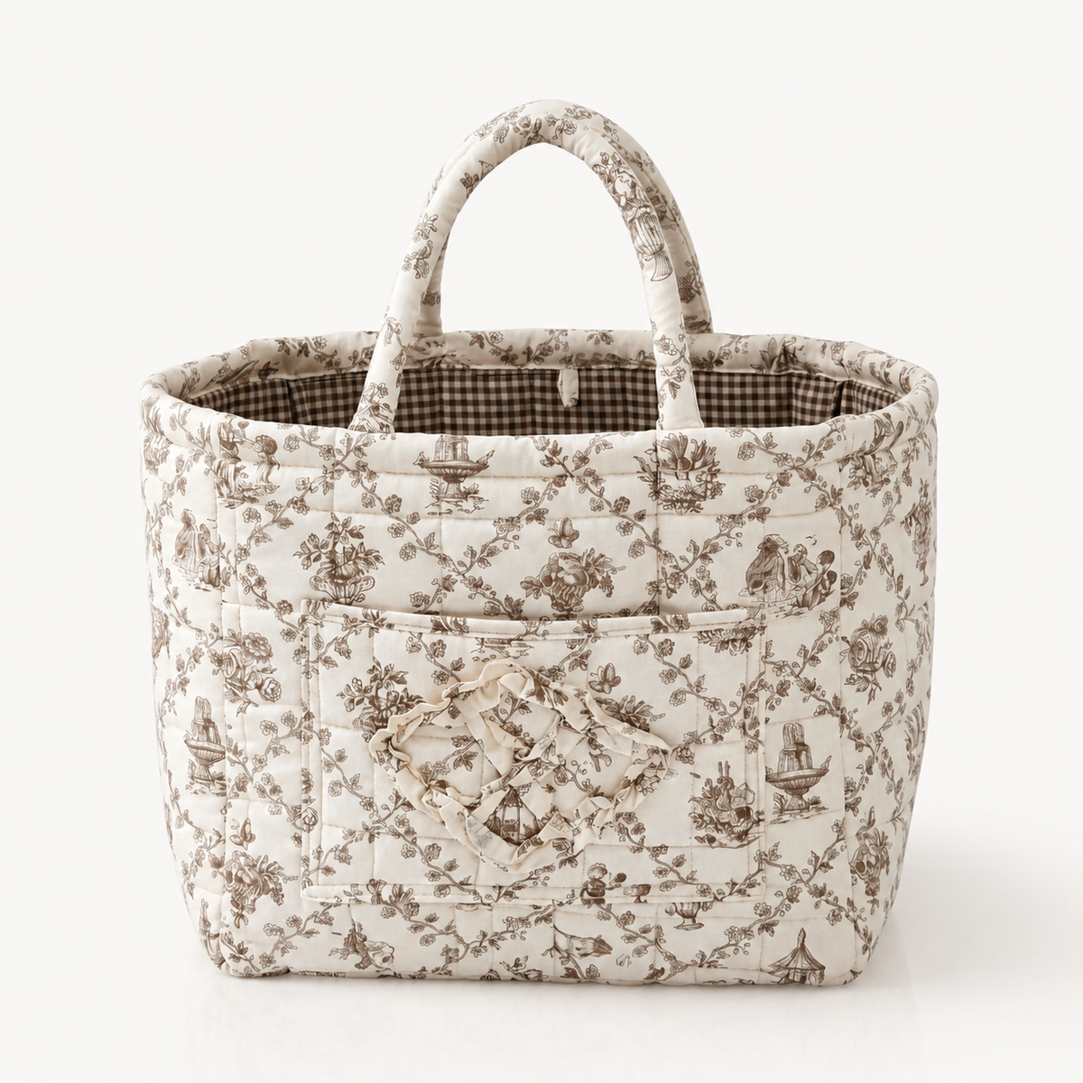 Quilted cotton storage basket with handles and front pocket