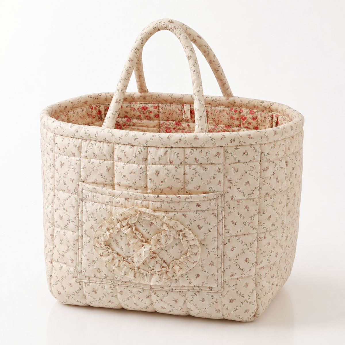 Quilted cotton storage basket with handles and front pocket
