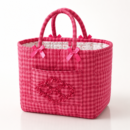 Quilted cotton storage basket with handles and front pocket