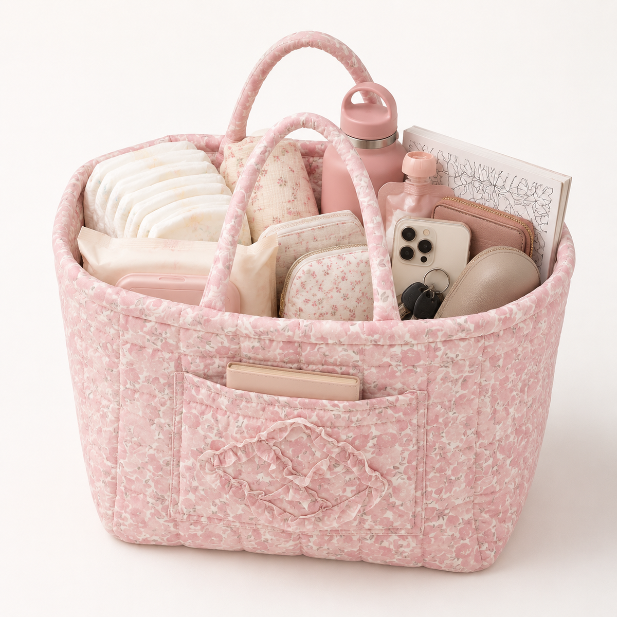 Quilted cotton storage basket with handles and front pocket
