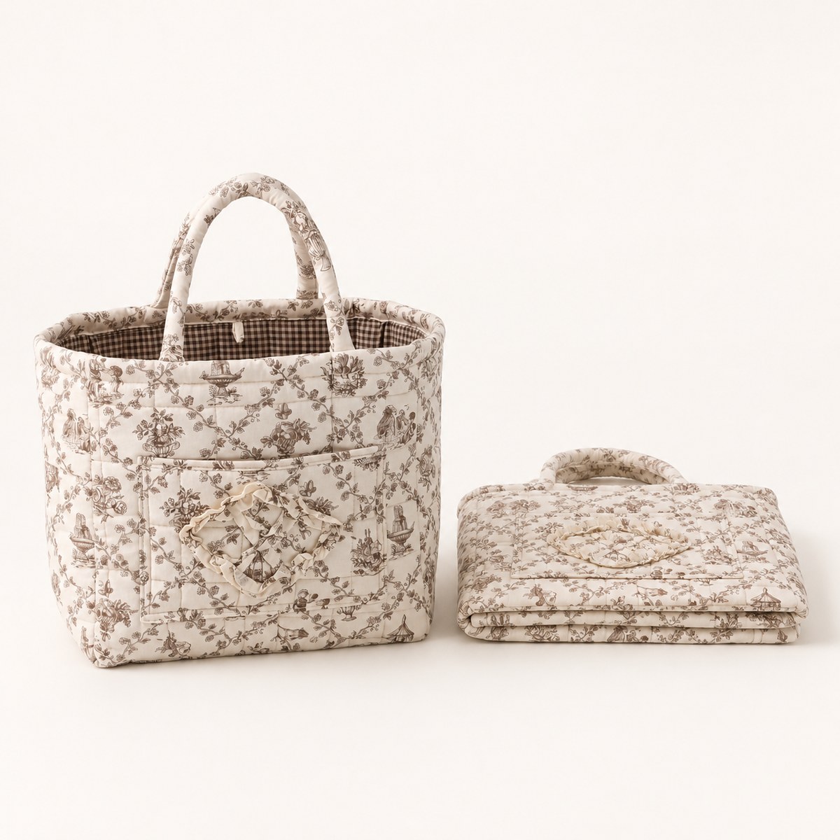 Quilted cotton storage basket with handles and front pocket