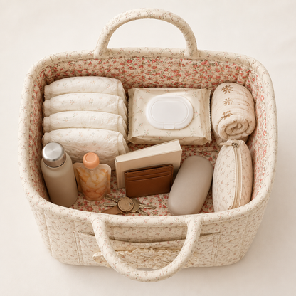 Quilted cotton storage basket with handles and front pocket