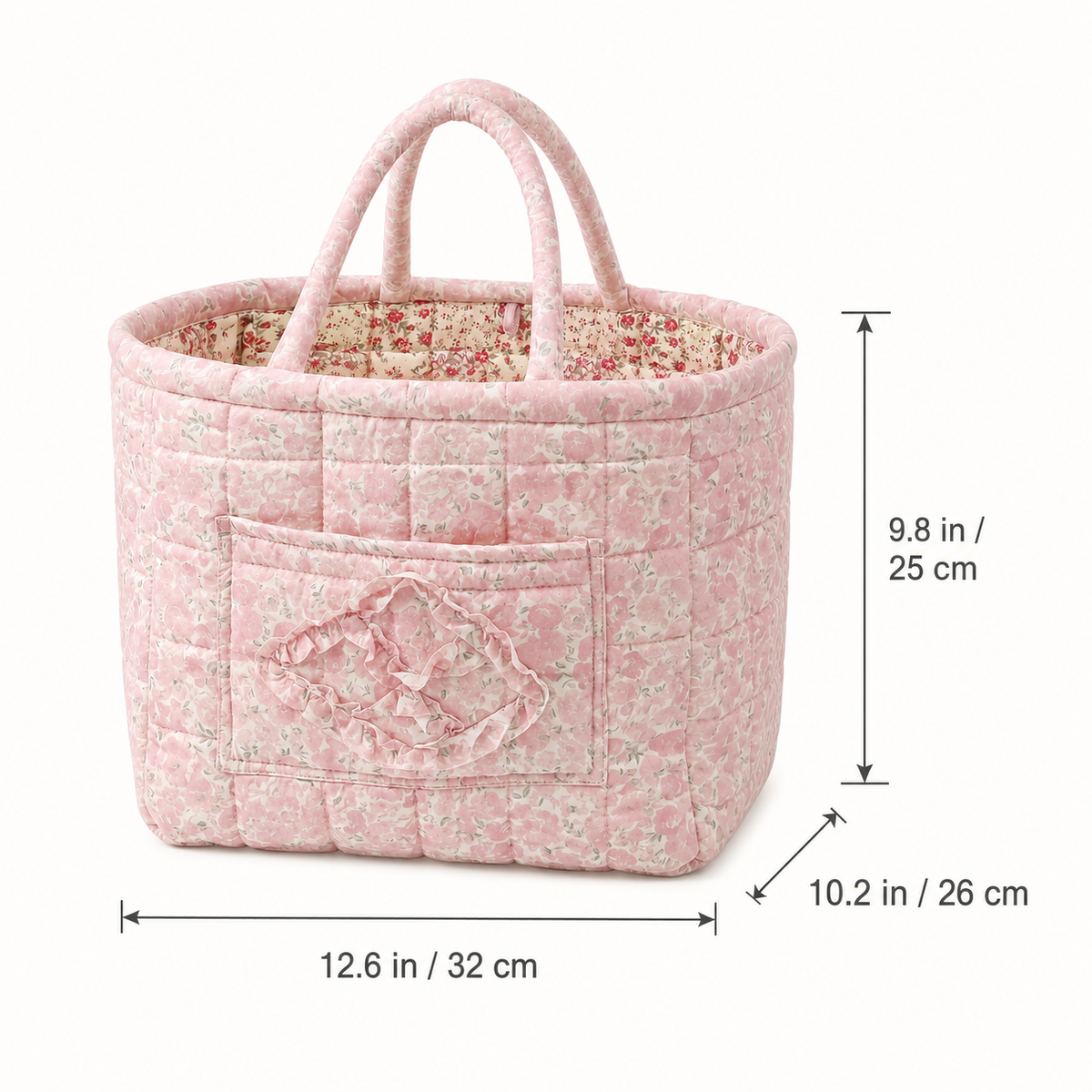 Quilted cotton storage basket with handles and front pocket