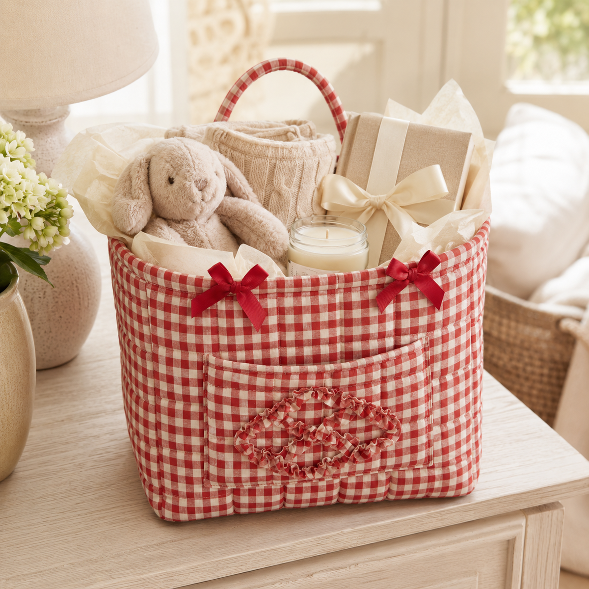 Quilted cotton storage basket with handles and front pocket