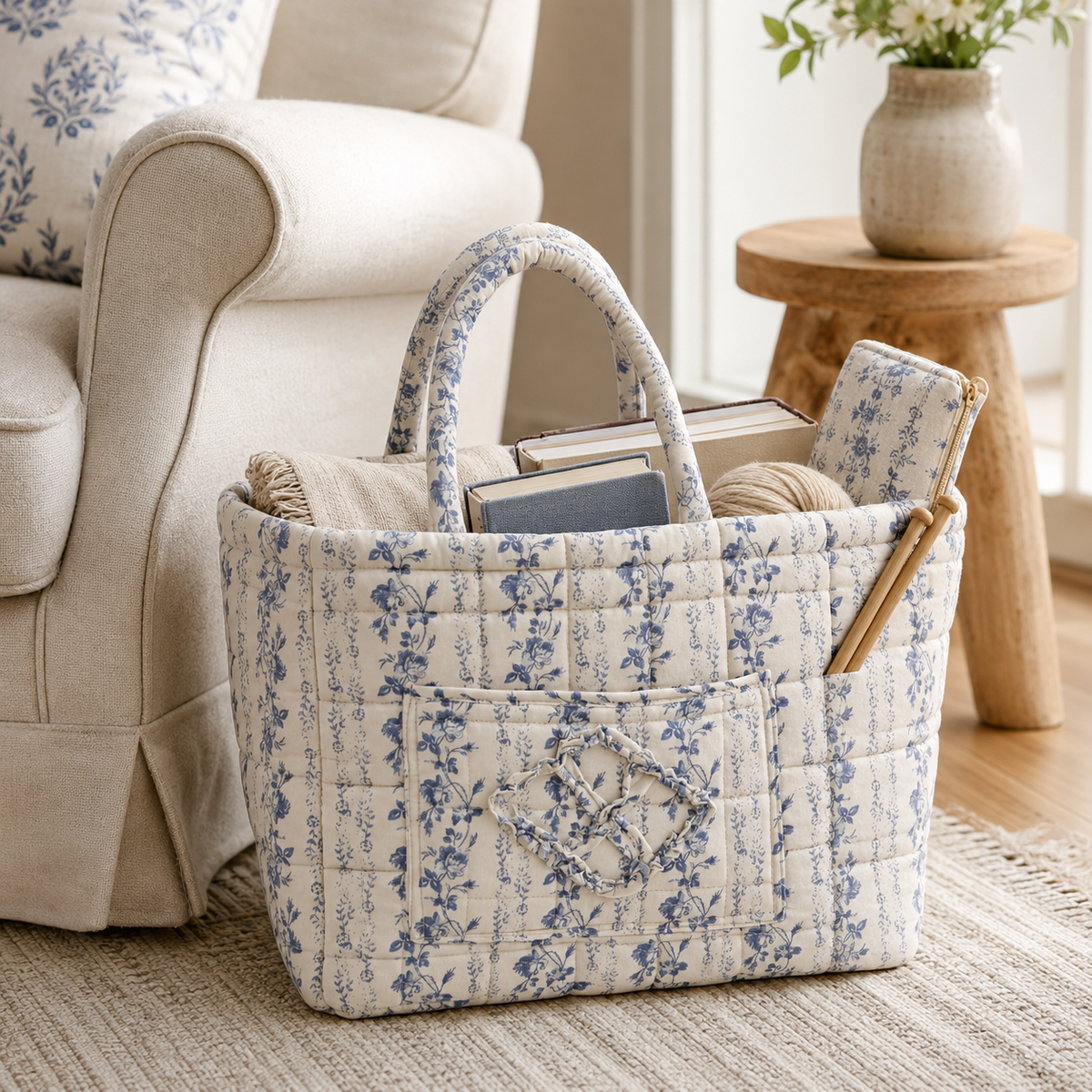 Quilted cotton storage basket with handles and front pocket