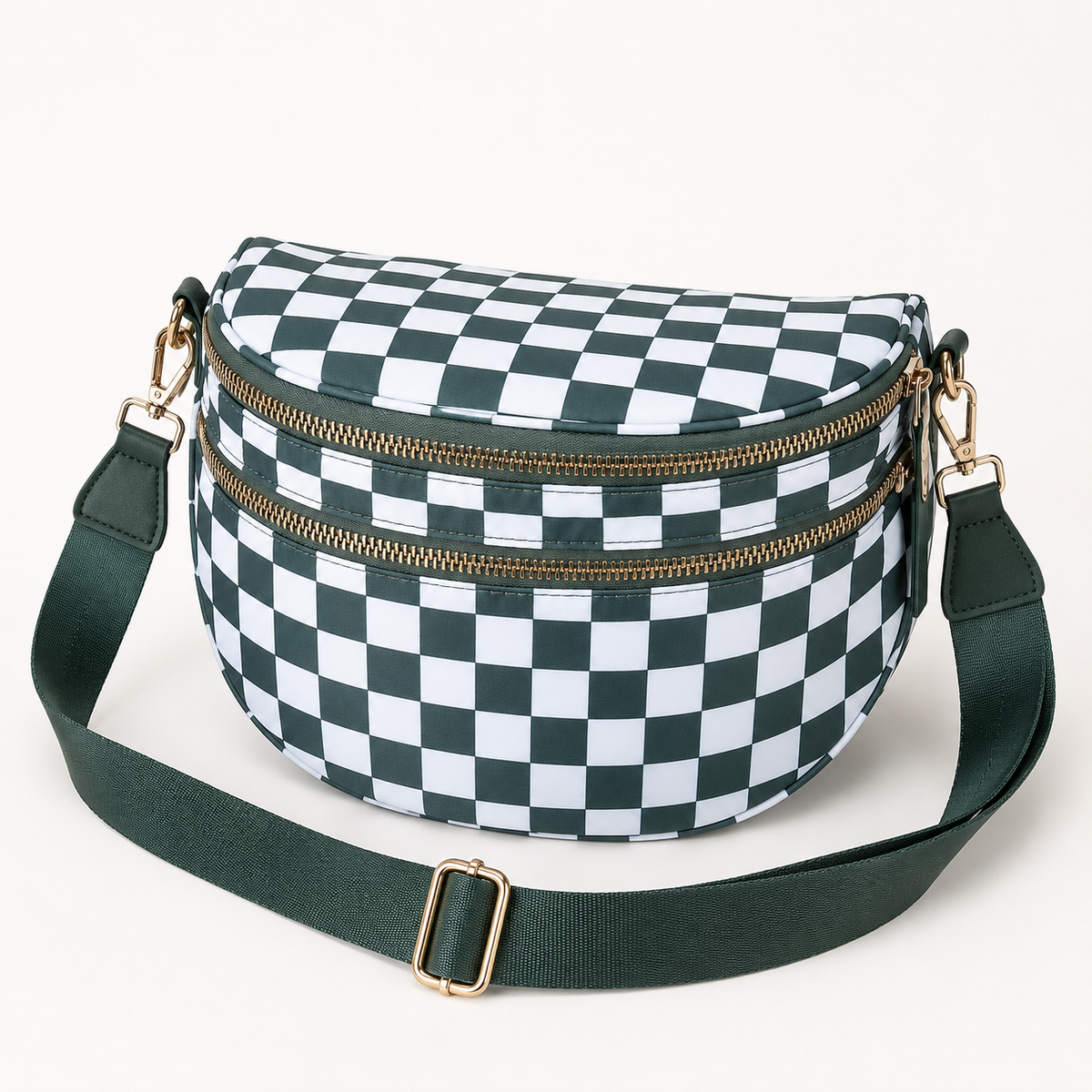 Green checkered crossbody belt bag with adjustable strap