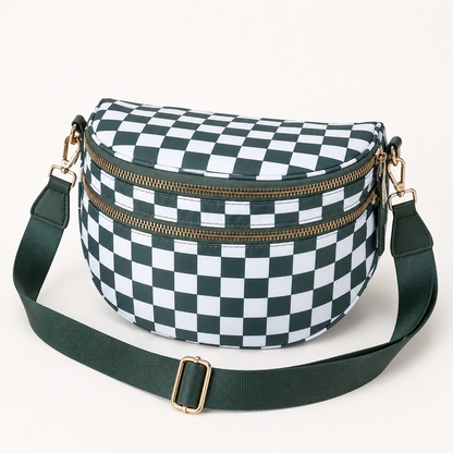Green checkered crossbody belt bag with adjustable strap