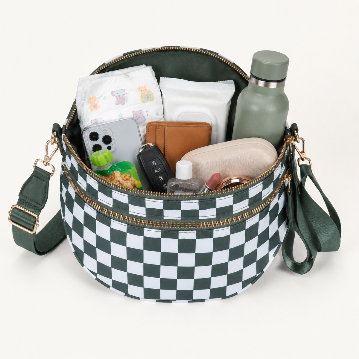 Green checkered crossbody belt bag with adjustable strap