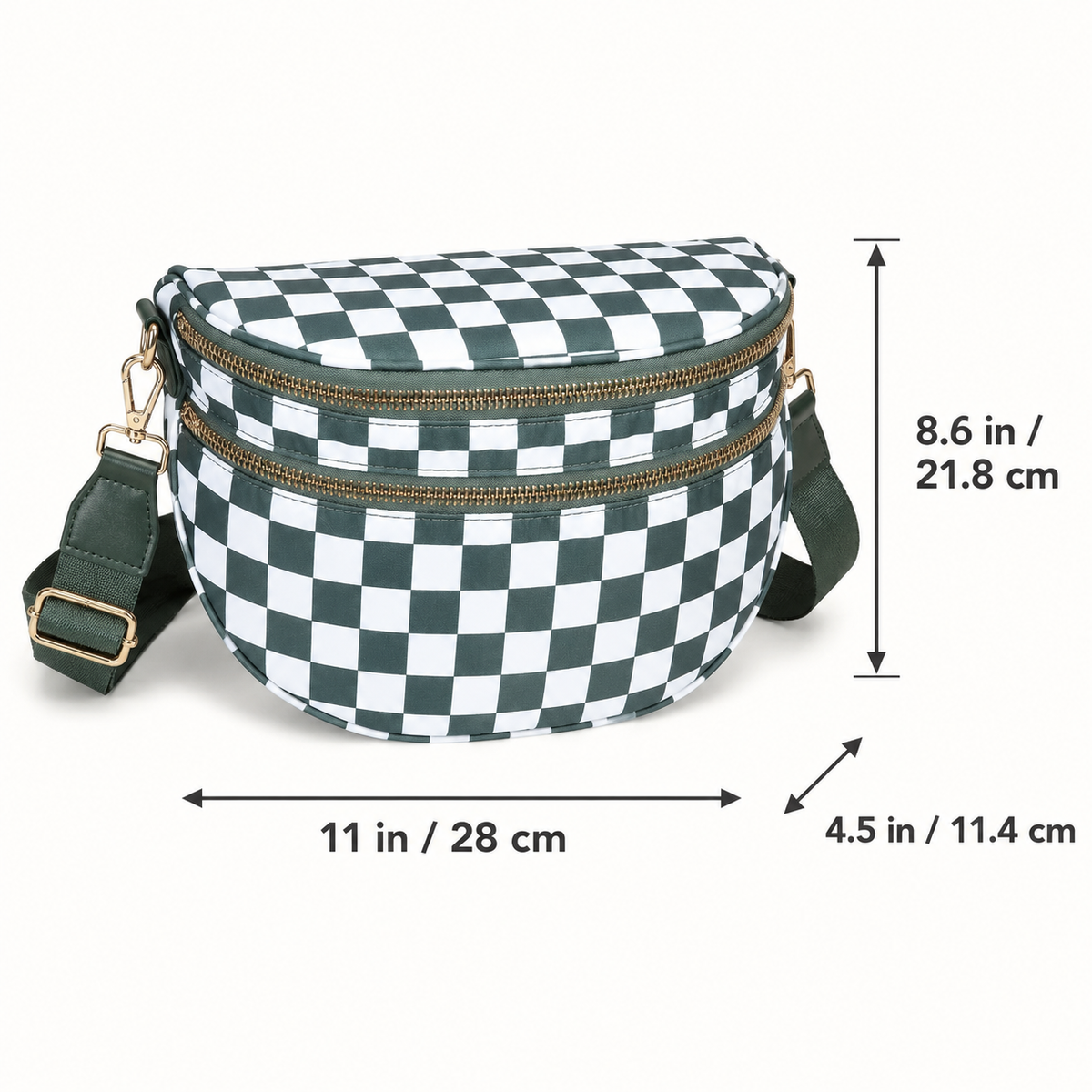 Green checkered crossbody belt bag with adjustable strap
