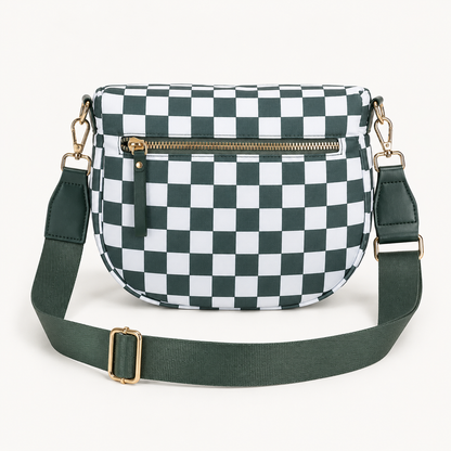 Green checkered crossbody belt bag with adjustable strap