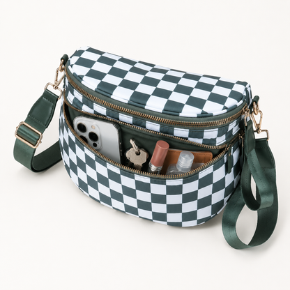 Green checkered crossbody belt bag with adjustable strap