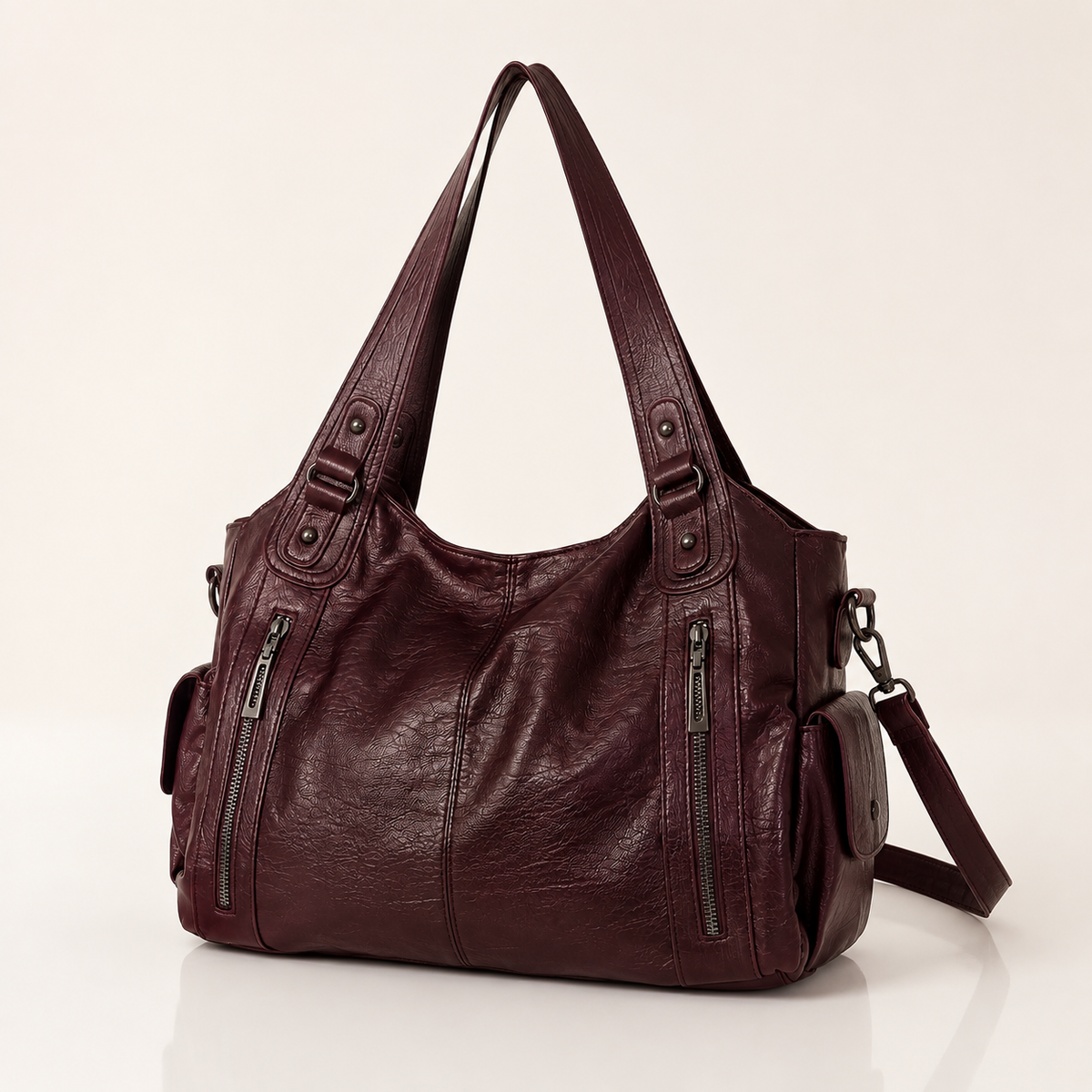 Large vegan leather shoulder bag with adjustable crossbody strap