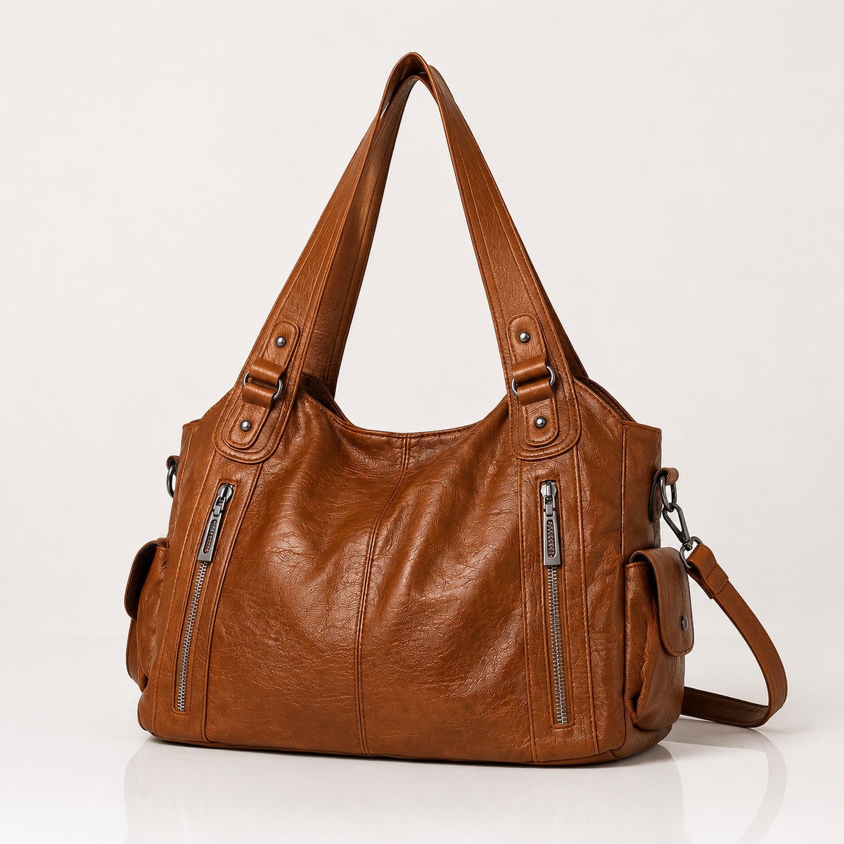 Large vegan leather shoulder bag with adjustable crossbody strap