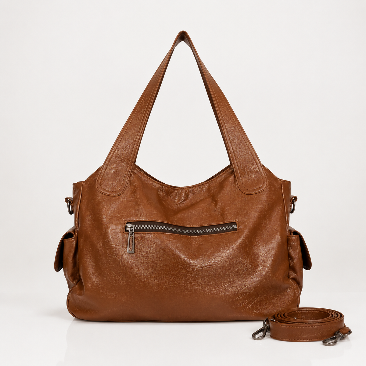 Large vegan leather shoulder bag with adjustable crossbody strap