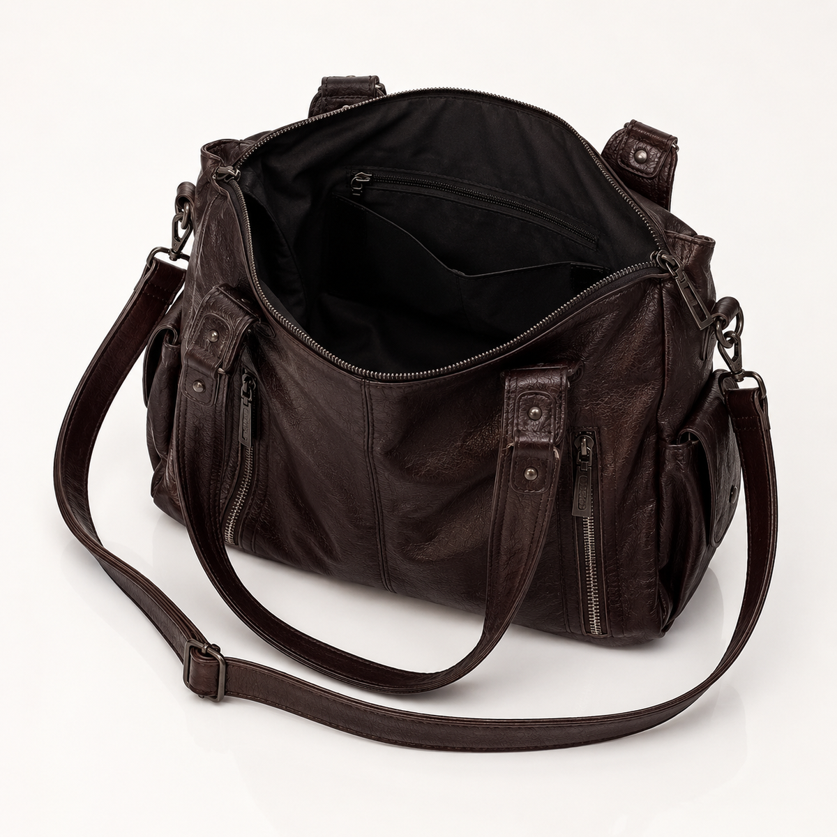 Large vegan leather shoulder bag with adjustable crossbody strap