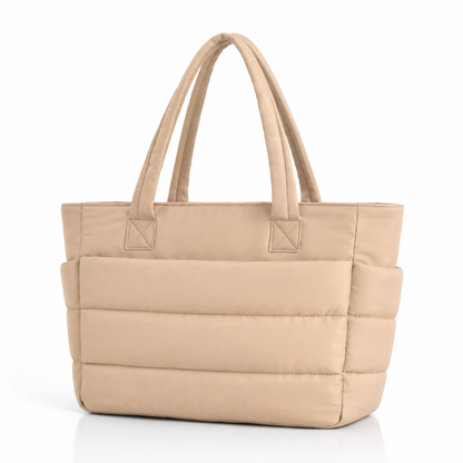 Black quilted laptop tote bag with water-resistant finish