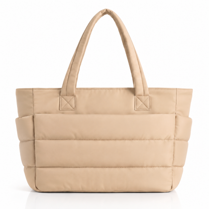 Black quilted laptop tote bag with water-resistant finish