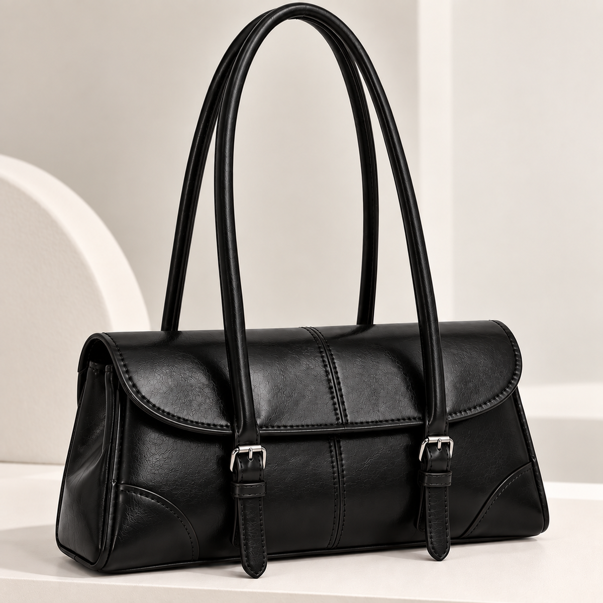 Black women's retro shoulder handbag with buckle straps