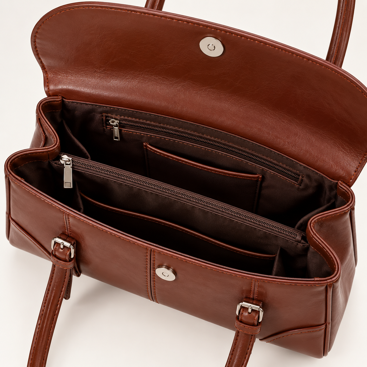 Interior view of brown women's retro shoulder handbag