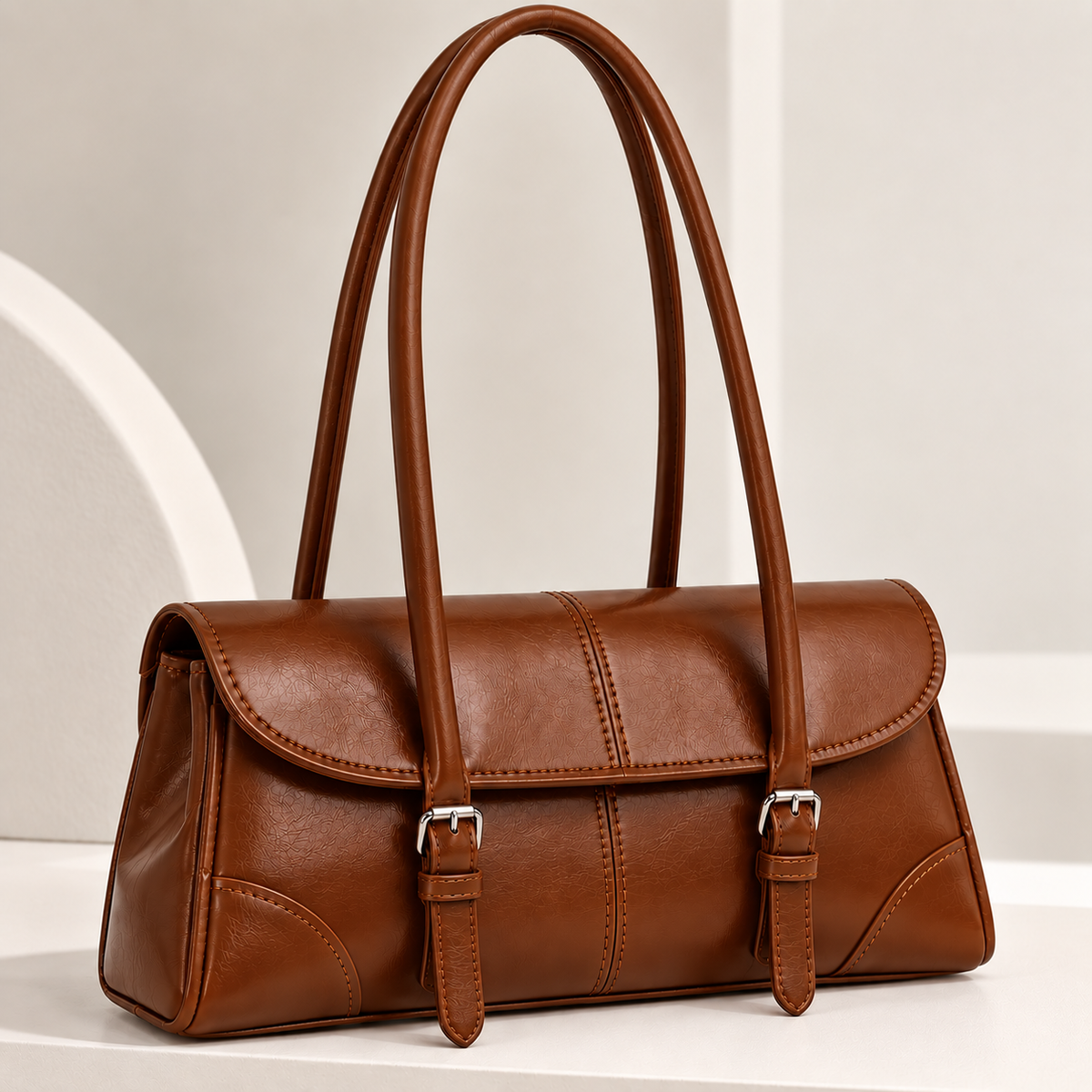 Brown women's retro shoulder handbag with buckle straps
